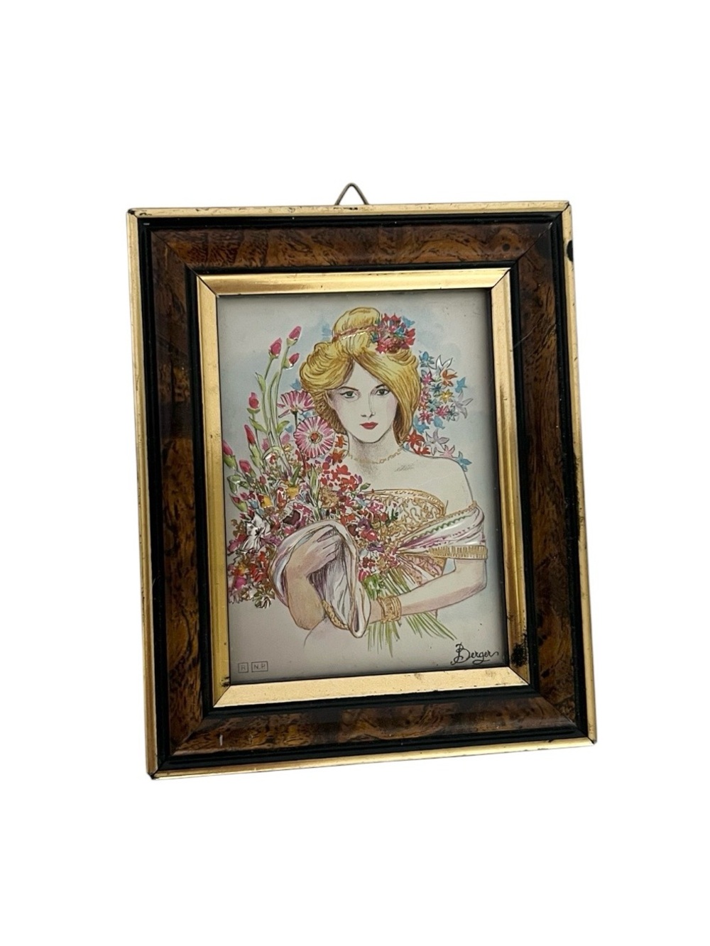 Vintage Foil Art Small Frame Hand Painted Woman Artist Signed Italy 4.25”x3.5”